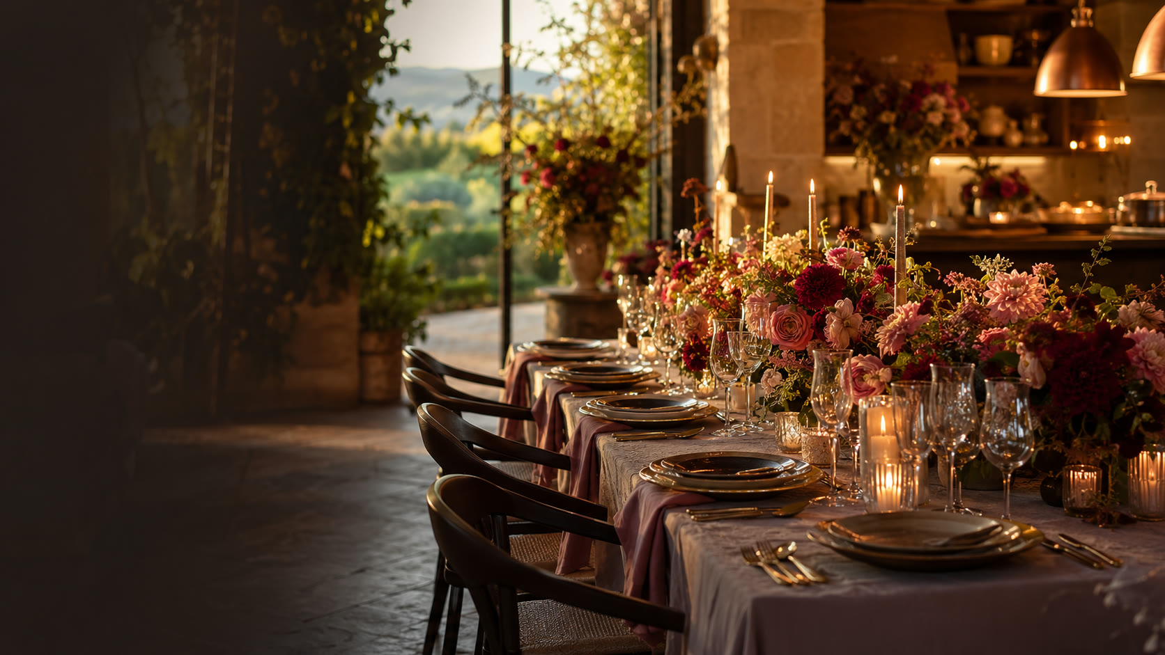 A celebration table set with flowers, candles, and glassware.